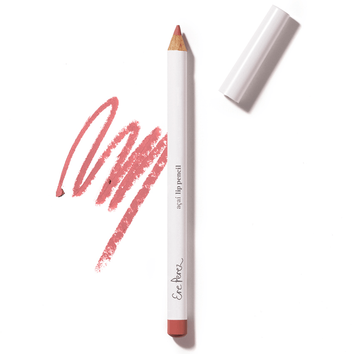 Open Acai Lip Pencil with painted color example Kiss on a white background.