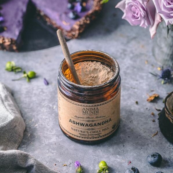 Offenes Anima Mundi Ashwagandha Schraubglas mit einem Löffel steht zwischen vereinzelten Blaubeeren, Blütenblättern und einer Torte. 