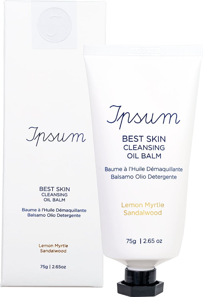 White tube and packaging Ipsum Best Skin Cleansing Oil Balm against a white background.