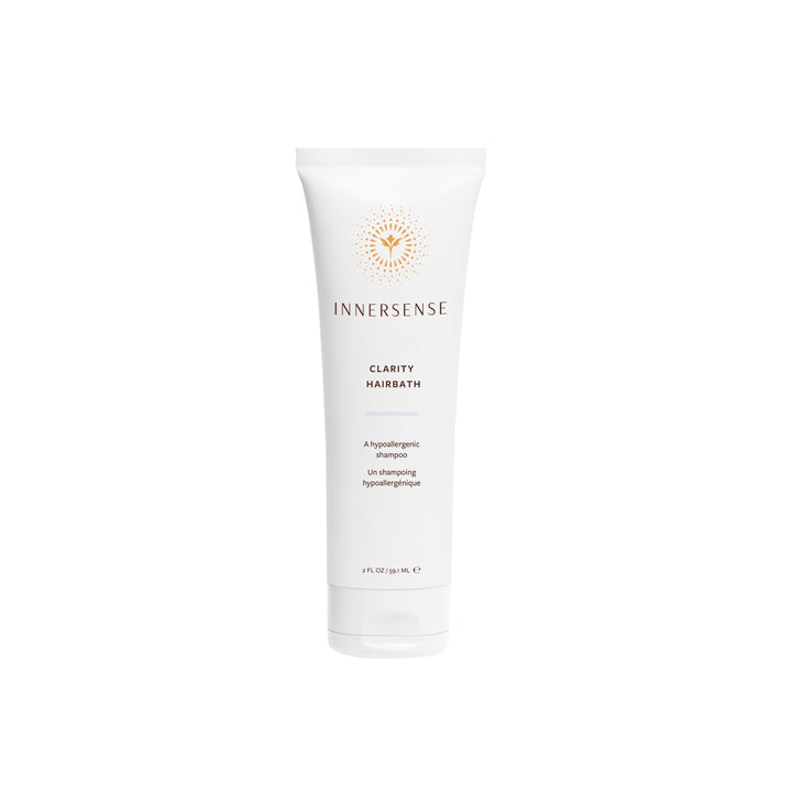 Innersense Clarity Hairbath shampoo bottle in travel size stands against a white background.