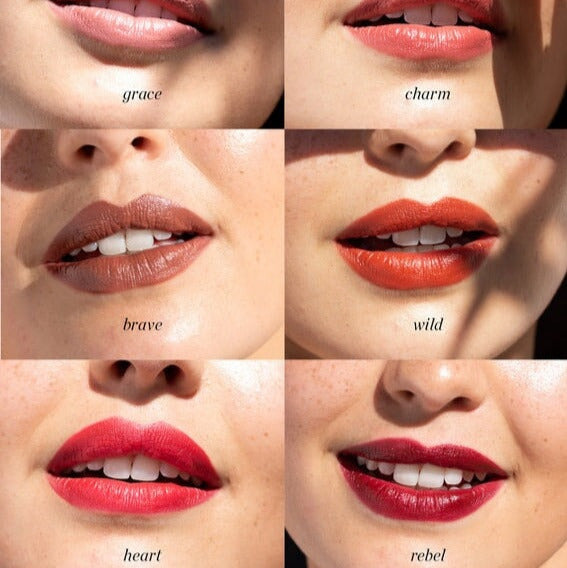 Picture divided into 6 parts, each with painted female lips in different colors of the Coco Crayons.