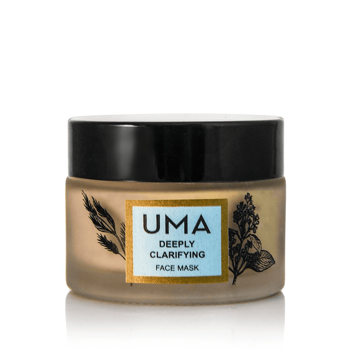 UMA Deeply Clarifying Face Mask screw-top jar with black lid stands against a white background.