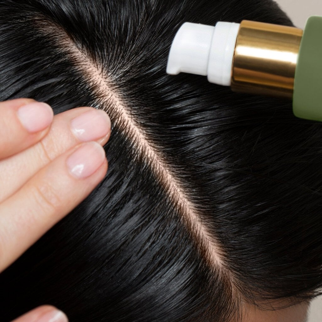 Close-up of a scalp, dark hair parted and bottle top of the Founder`s Blend Scalp & Hair Treatment bottle. North Glow