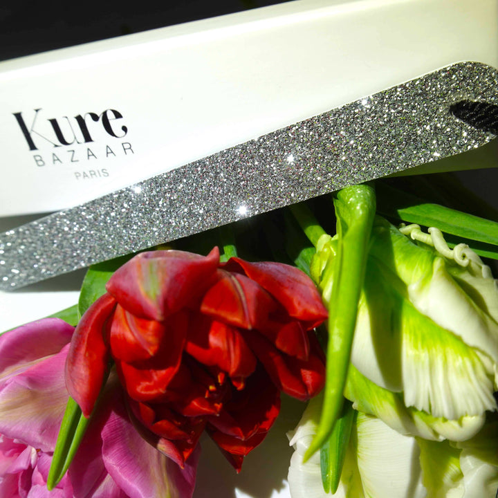 Glitter nail file silver with black pompom