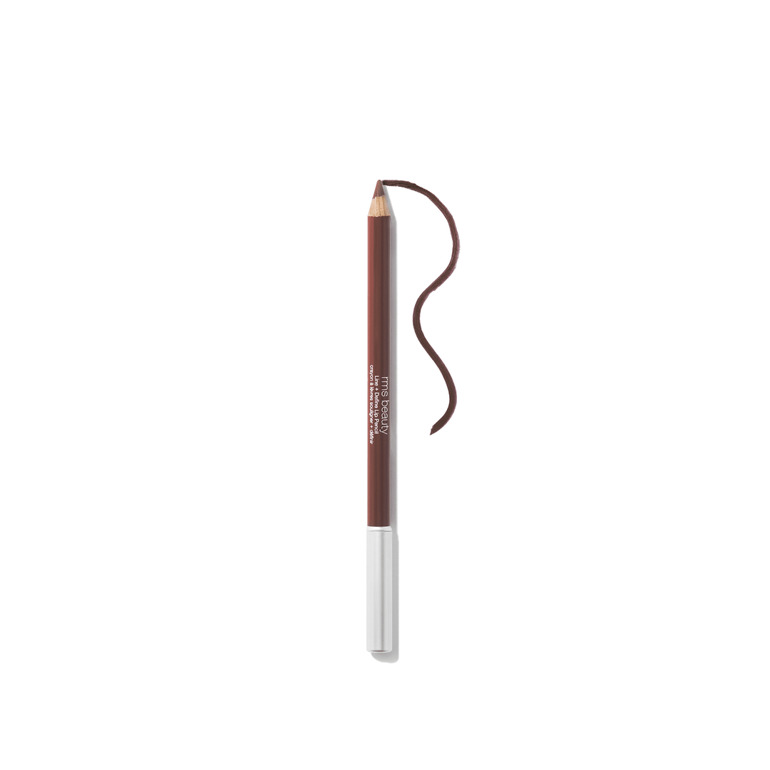 RMS Go Nude Lip Pencil Midnight Nude lies open on a white background next to a color sample line.