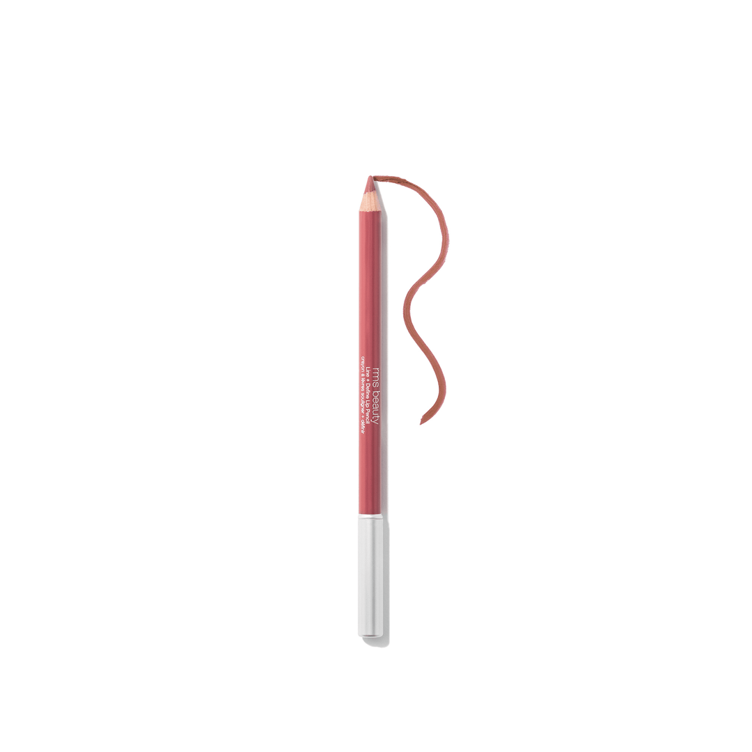 RMS Go Nude Lip Pencil Morning Dew lies open on a white background next to a color sample line.