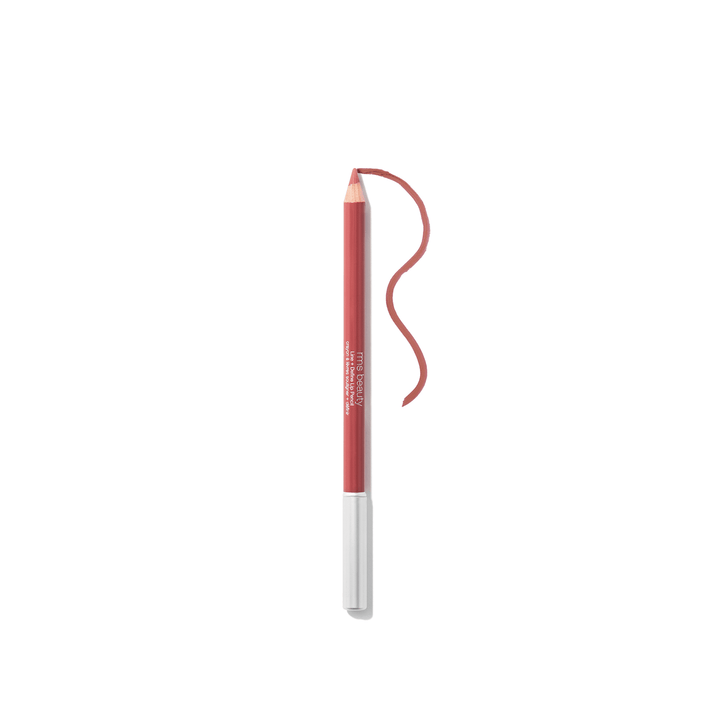 RMS Go Nude Lip Pencil Sunrise Nude lies open on a white background next to a color sample line.