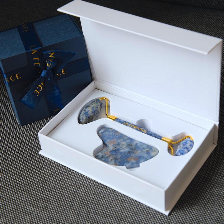La Fervance blue face roller and gua sha in package