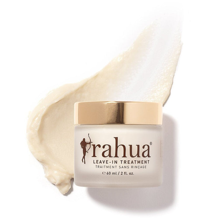 Rahua Leave-In Treatment jar with screw cap and texture sample against a white background.