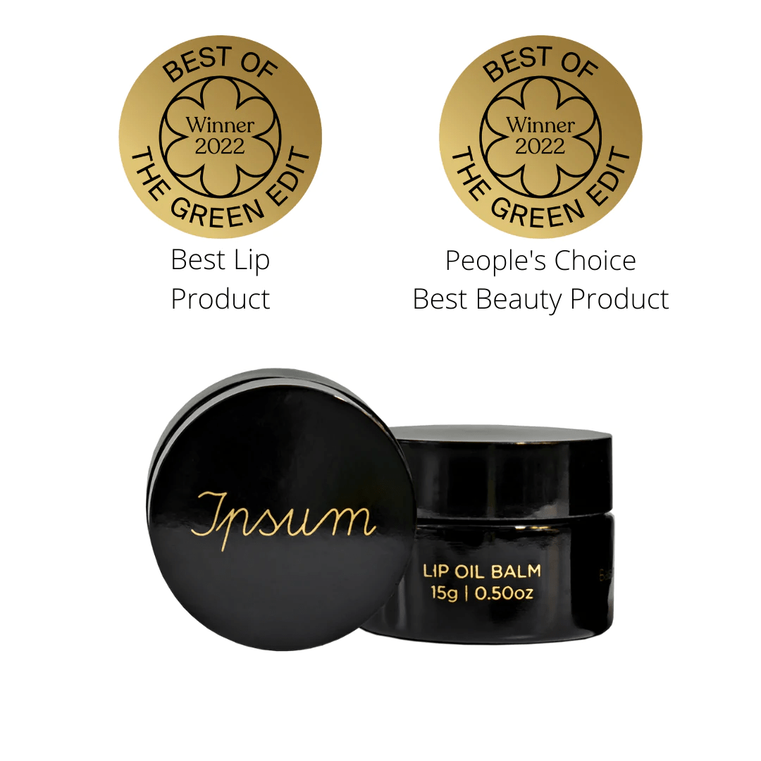 Black Ipsum Lip Oil Balm jar against a white background with badge for BEST OF THE GEEN EDIT Winner 2022 North Glow