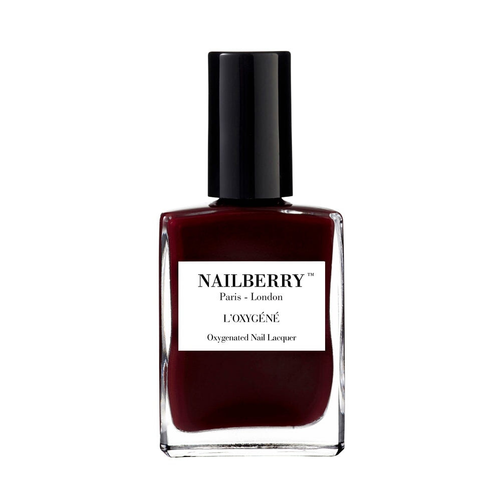 Nailberry nail polish bottle Noirberry against white background. 