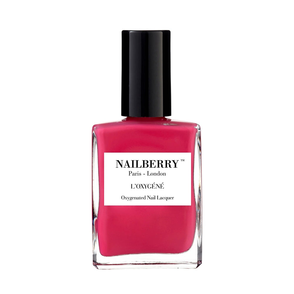 Nailberry nail polish bottle Pink Berry against white background.