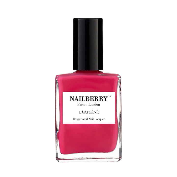 Nailberry nail polish bottle Pink Berry against white background.