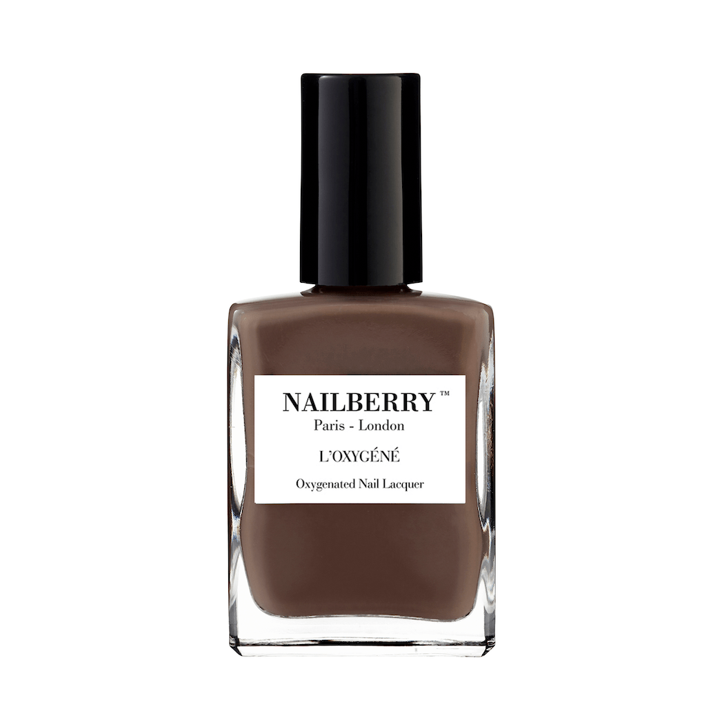Nailberry nail polish bottle Taupe La against white background.