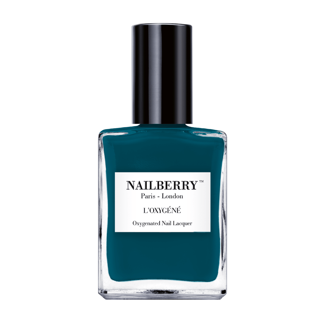Nailberry nail polish bottle Teal We Meet Again against white background.