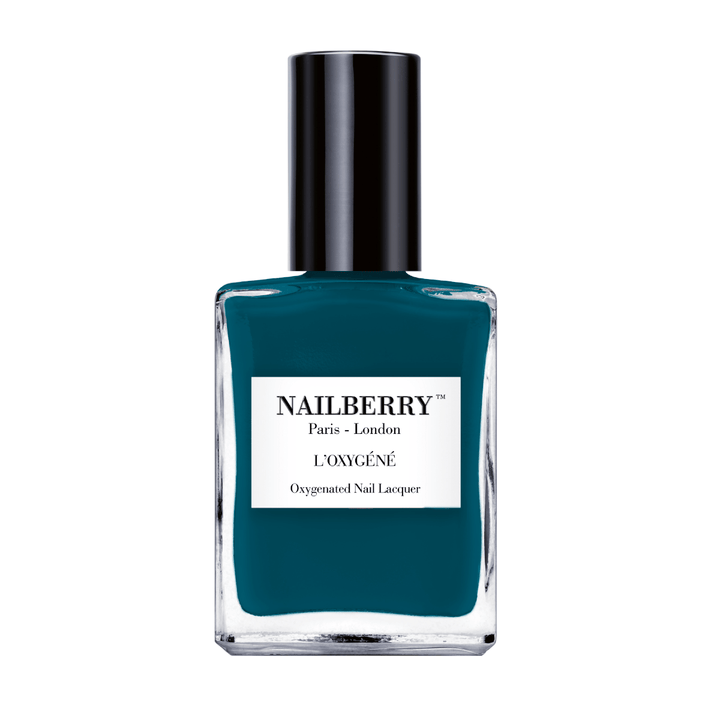 Nailberry nail polish bottle Teal We Meet Again against white background.