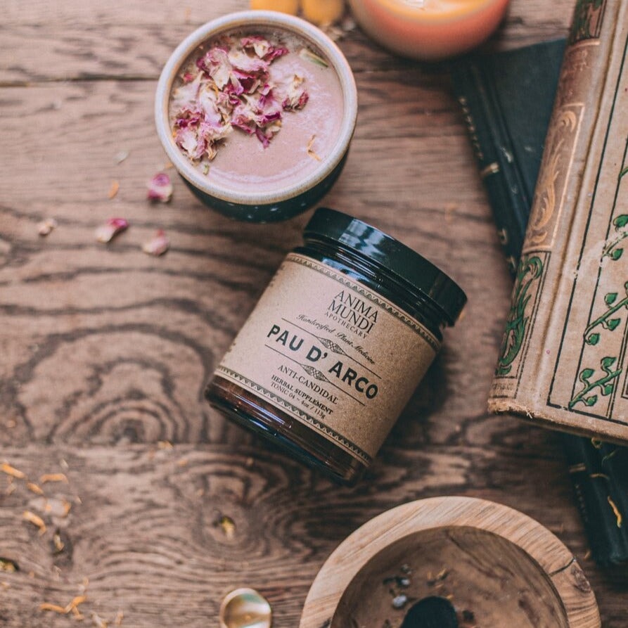 Anima Mundi screw top jar Pau D'Arco lies on a wooden table next to a cup and books, bird's eye view.