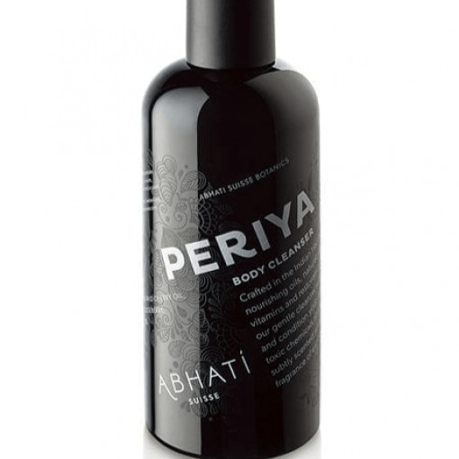 Nahaufnahme der Abhati Suisse Kanva Bodylotion schwarze Pumpflasche. North Glow