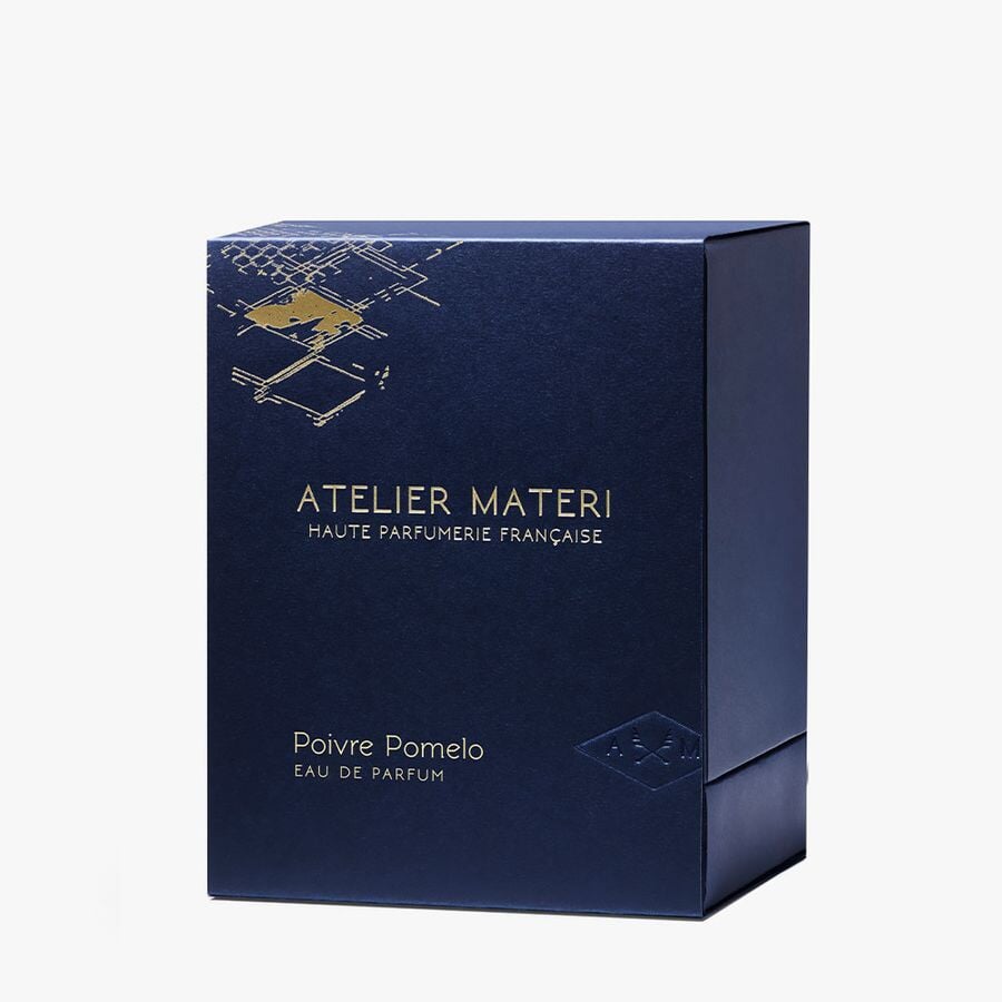 Dark blue "Poivre Pomelo" packaging from Atelier Materi against a white background. North Glow