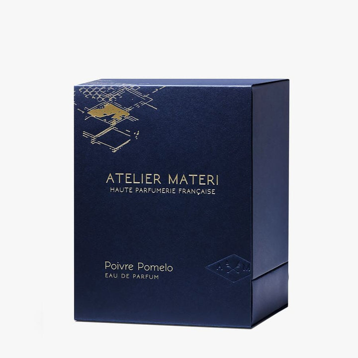 Dark blue "Poivre Pomelo" packaging from Atelier Materi against a white background.