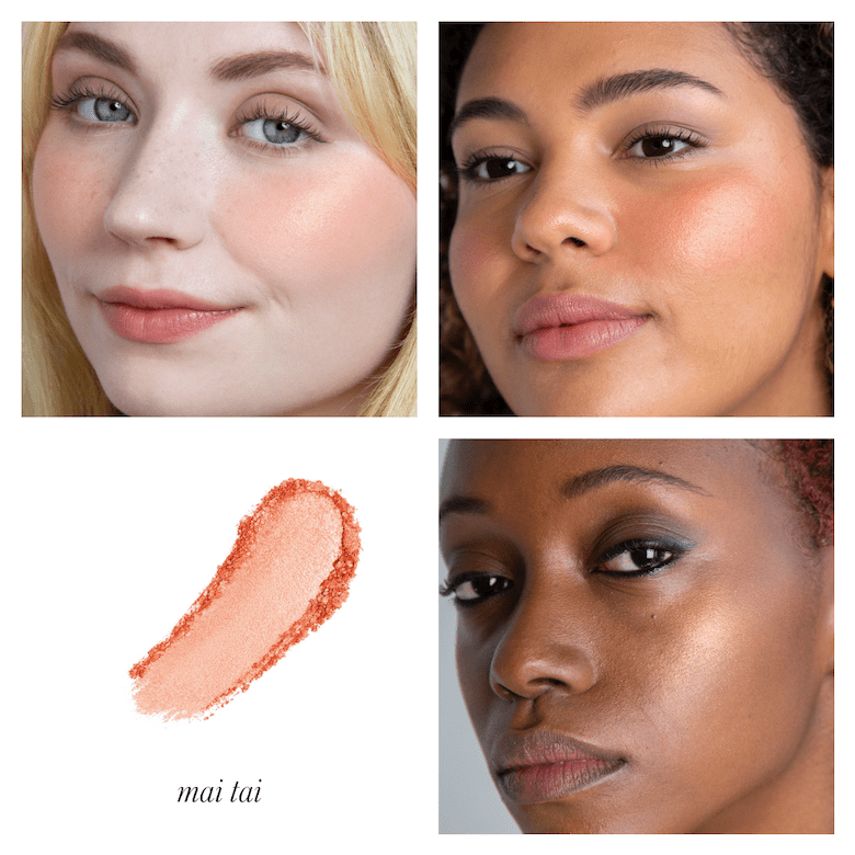 Image divided into 4 squares with 3 women's faces for color example Mai Tai and a color and texture example. North Glow