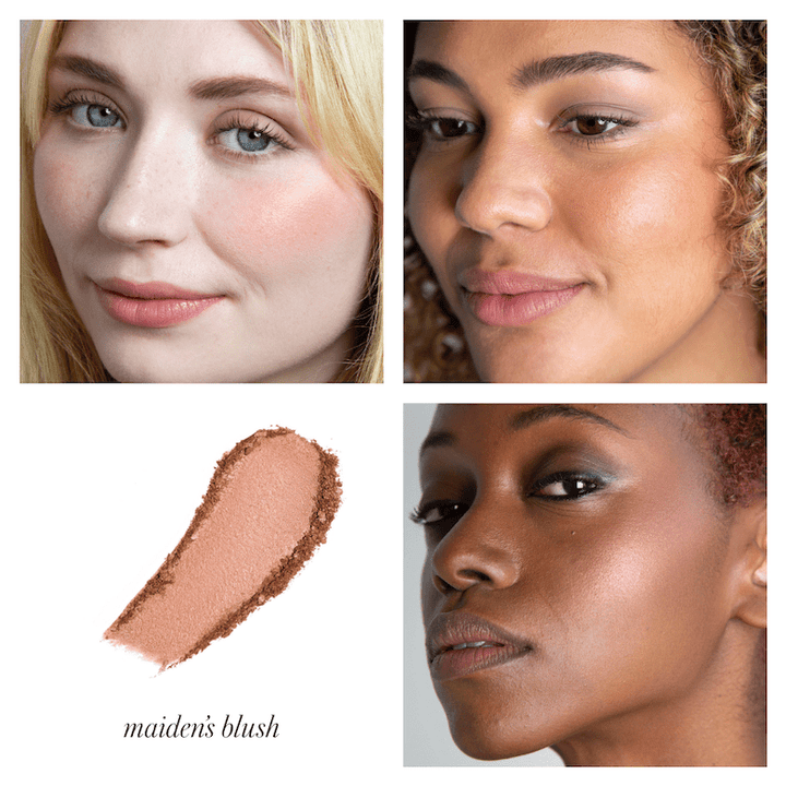 Image divided into 4 squares, 3 with different women's faces with color example RMS Blush Maiden's Blush, one with color and texture example.