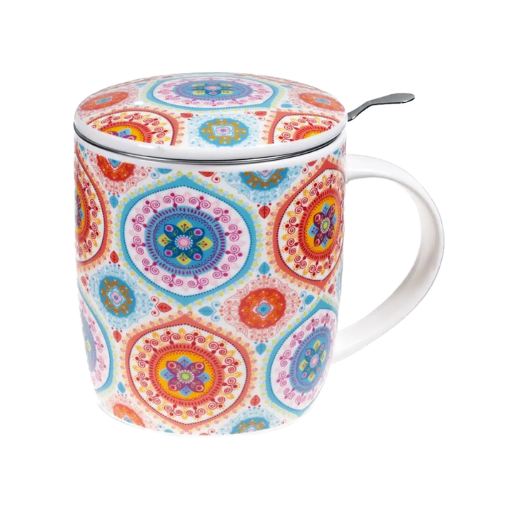 Tea cup "Colorful Mandala" with stainless steel strainer and lid