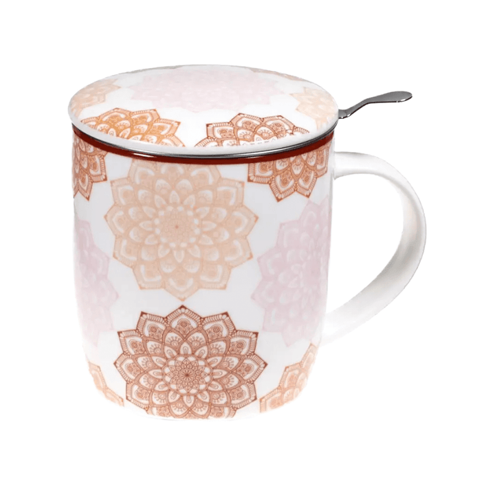 Tea cup "Pink Mandala" with stainless steel strainer and lid