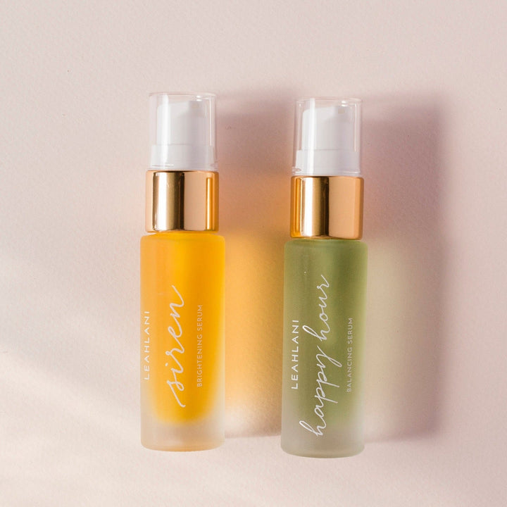 Leahlani The Serum Duo bottles against light background