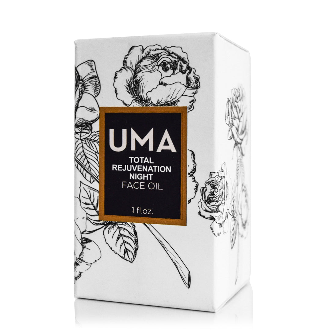 The packaging of UMA Total Rejuvenation Face Oil is set against a white background. North Glow